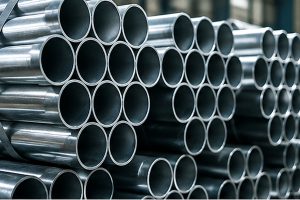 Stacked galvanised steel pipes showing zinc coated surfaces