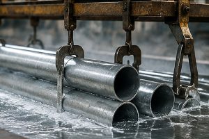 Steel pipes being immersed in a molten zinc bath during hot dip galvanising
